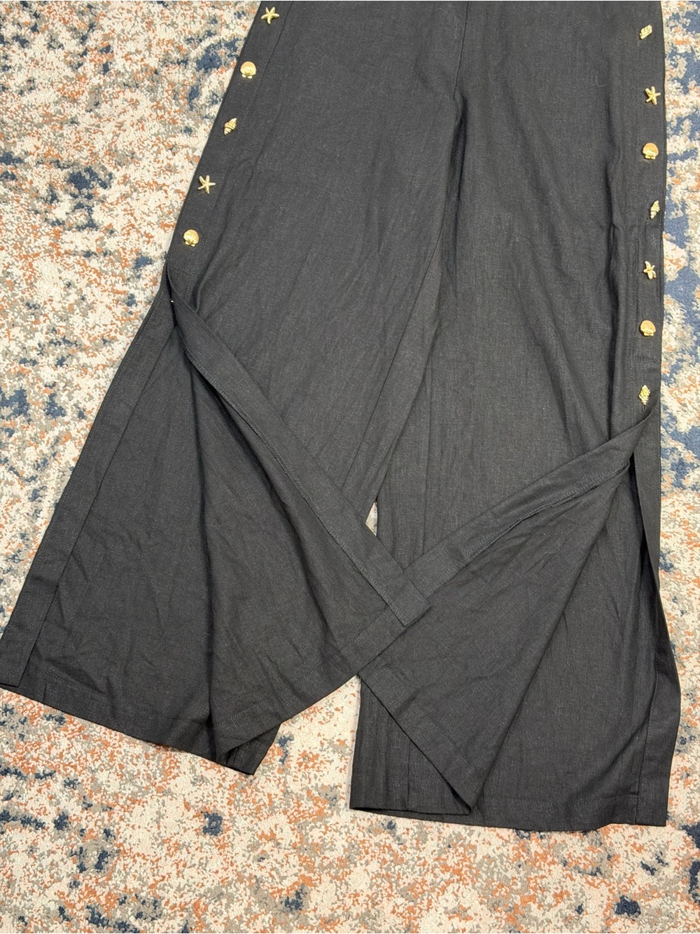 Cynthia Rowley Boho Black Linen Blend Wide Leg Pants Seashell Embellished Size S - Picture 5 of 10